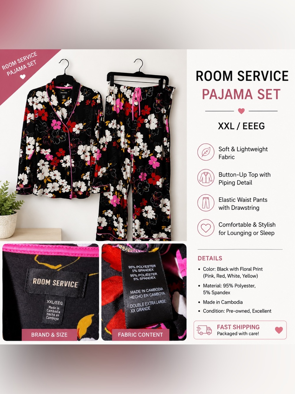 Room Service Floral Pajama Set XXL Black Pink Button Front Lounge Sleepwear